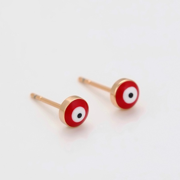 Stud Earrings 18k Gold Plated Red Evil Eye - Picture 4 of 11